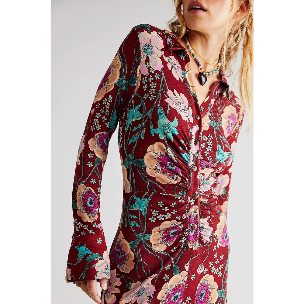Free People Burgundy Floral Button-Down Jumpsuit